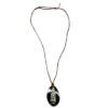 An orthoceras pendant on a wax cord necklace, showing the full size of the necklace.