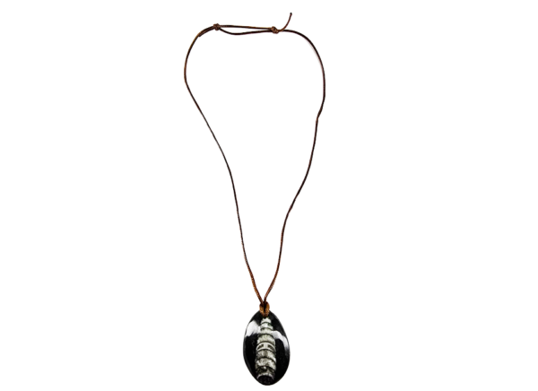 An orthoceras pendant on a wax cord necklace, showing the full size of the necklace.
