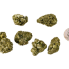 A pile of medium pyrite rough with a shiny gold color, cube shaped formations on the stones, and a quarter for comparison. Most are around the same size of the quarter, some slightly larger.