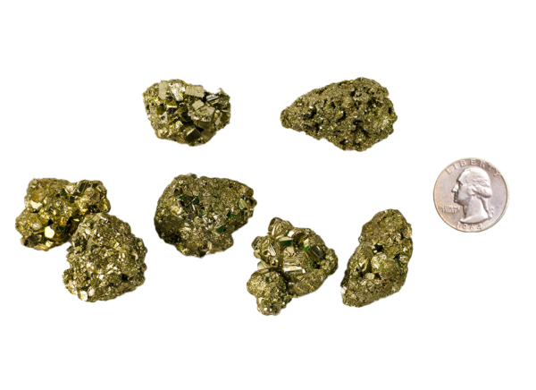 A pile of medium pyrite rough with a shiny gold color, cube shaped formations on the stones, and a quarter for comparison. Most are around the same size of the quarter, some slightly larger.