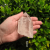 A large clear quartz point in the palm of a hand with a green, leafy background. It is quite large. Labeled 'I'.