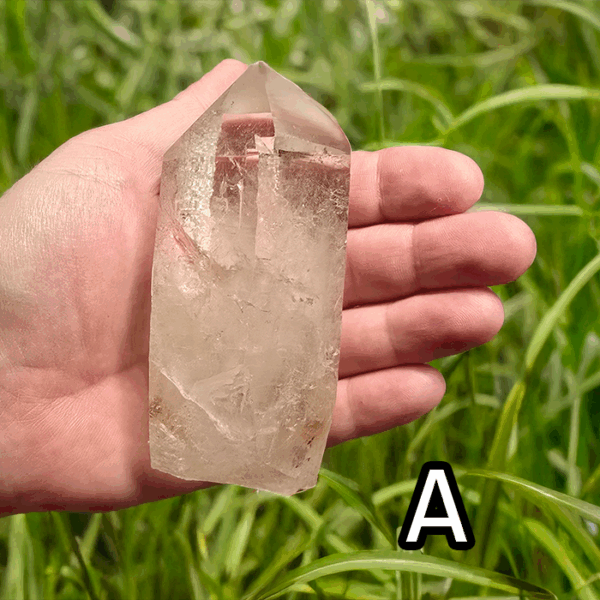 Large clear quartz crystal point with grass backround, labeled 'A'.