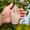 Large clear quartz crystal point with leafy bush backround, labeled 'C'.