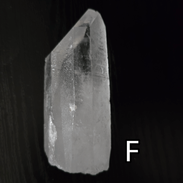 Large clear quartz crystal point with black backround, labeled 'F'.