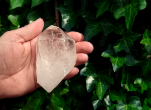 A large clear quartz point in the palm of a hand, it is quite large.