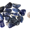 A pile of medium sodalite tumbled stones, showing deep blues and a range of milky to creamy white patterns with a quarter for comparison. Most are the size of the quarter and slightly larger.