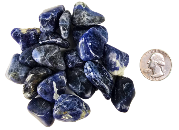 A pile of small sodalite tumbled stones, showing deep blues and a range of milky to creamy white patterns with a quarter for comparison. Most are slightly smaller than the quarter.