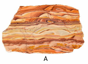A polished slab of wave dolomite with intricate wavy patterns in the stone, colors ranging from red to beige. Labeled A.