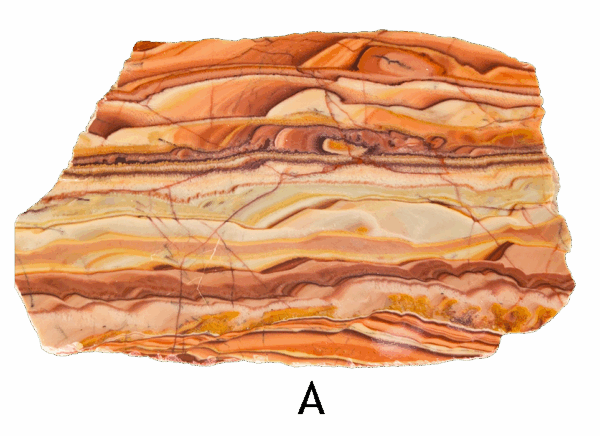A polished slab of wave dolomite with intricate wavy patterns in the stone, colors ranging from red to beige. Labeled A.