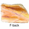 A polished slab of wave dolomite with intricate wavy patterns in the stone, colors ranging from red to beige. Labeled F-back.