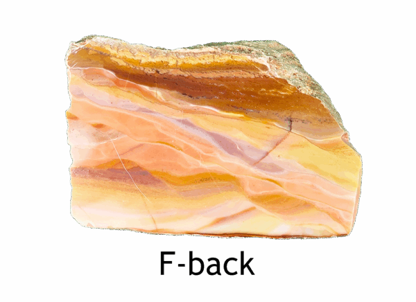 A polished slab of wave dolomite with intricate wavy patterns in the stone, colors ranging from red to beige. Labeled F-back.