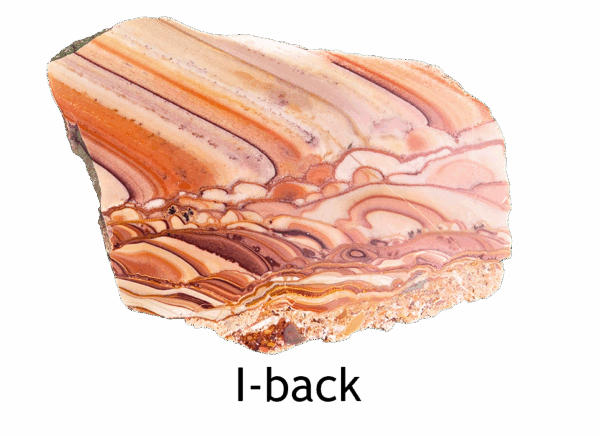 A polished slab of wave dolomite with intricate wavy patterns in the stone, colors ranging from red to beige. Labeled I-back.