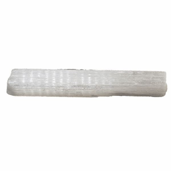 Side view of a single selenite stick, about 5 inches in length.